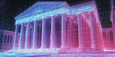 Holographic projection of a classical building in a futuristic digital space, with a vibrant blue and black background, embodying a concept of innovation