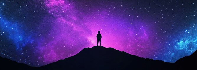 Poster - Silhouette of a Person Standing on a Mountaintop Under a Starry Night Sky