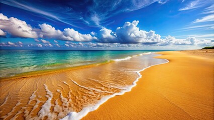 Golden sand beach with clear blue sea water gently washing over the shore, beach, golden sand, sea water, waves, shore