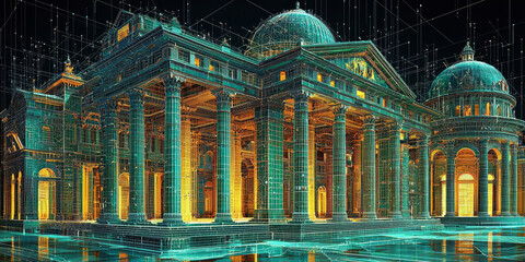 holographic projection of a classical building in a futuristic digital space, with a vibrant blue an