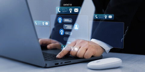 Poster - Customer service, helpdesk advice online chat support. Contact us for online support. Business person watching on virtual screen.