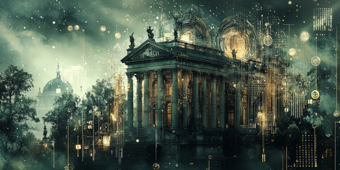 Holographic projection of a classical building in a futuristic digital space, with a vibrant blue and black background, embodying a concept of innovation