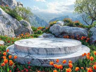 Poster - White empty round marble podium on a mountain top with orange tulips, rocks and trees