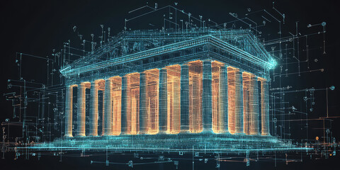 Holographic projection of a classical building in a futuristic digital space, with a vibrant blue and black background, embodying a concept of innovation