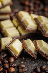 Poster - White light dark chocolate bars and coffee beans on black table.