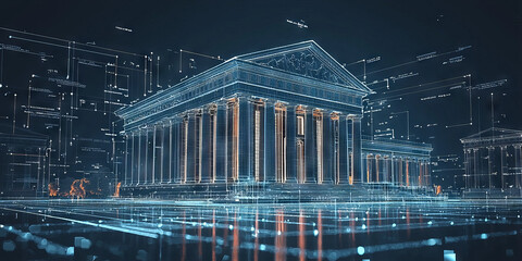 Holographic projection of a classical building in a futuristic digital space, with a vibrant blue and black background, embodying a concept of innovation
