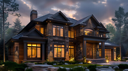 Sticker - Luxury Stone and Wood House 3D Render