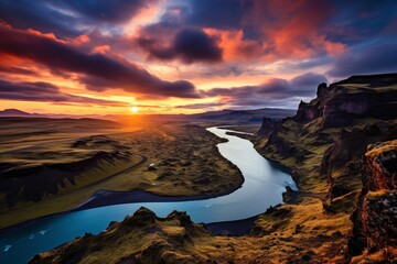 Wall Mural - Stunning landscape with dramatic sky, sunlight bathing the river and hills during dusk