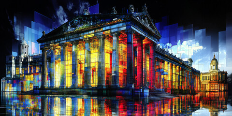 Holographic projection of a classical building in a futuristic digital space, with a vibrant blue and black background, embodying a concept of innovation
