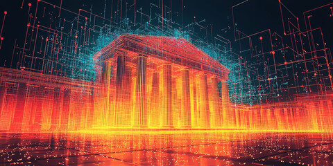 Holographic projection of a classical building in a futuristic digital space, with a vibrant blue and black background, embodying a concept of innovation