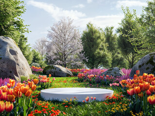 Poster - White empty podium standing on grass, colorful flowers and trees in a garden with big rocks