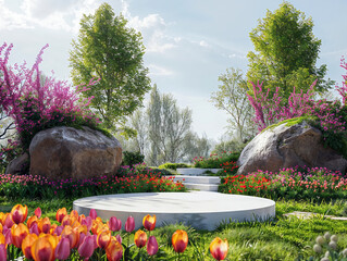 Poster - Round empty platform with colorful flowers and lush foliage in a spring garden park