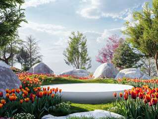 Poster - Round white platform with colorful tulips blooming in a garden with trees, grass, and rocks