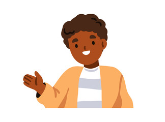 Poster - Kid waving hello, saying hi. Happy African-American black boy greeting with hand gesture and smile, portrait. Adorable cute child character. Flat vector illustration isolated on white background