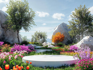 Poster - Round stage with colorful flowers and trees, mountains and a blue sky in the background