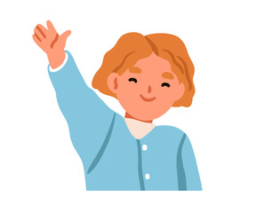 Poster - Girl waving hi gesture, greeting with happy smile. Adorable cute kid with arm up, saying hello. Excited friendly joyful child character. Flat vector illustration, isolated on white background