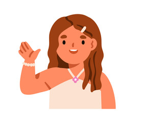 Poster - Happy girl waving with hand, saying hi, greeting with cheerful smile. Adorable cute kid character, joyful excited little child portrait. Flat vector illustration isolated on white background
