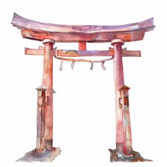 Wall Mural - Watercolor painting of a torii gate at sunrise, on isolated white background