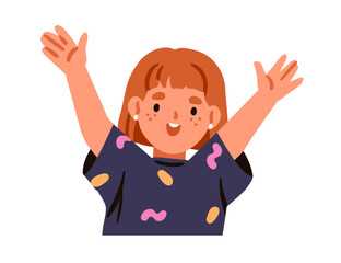 Poster - Happy smiling girl celebrating with smile and arms, hands up. Cute joyful kid character. Child with excited and cheerful emotion, joy expression. Flat vector illustration isolated on white background