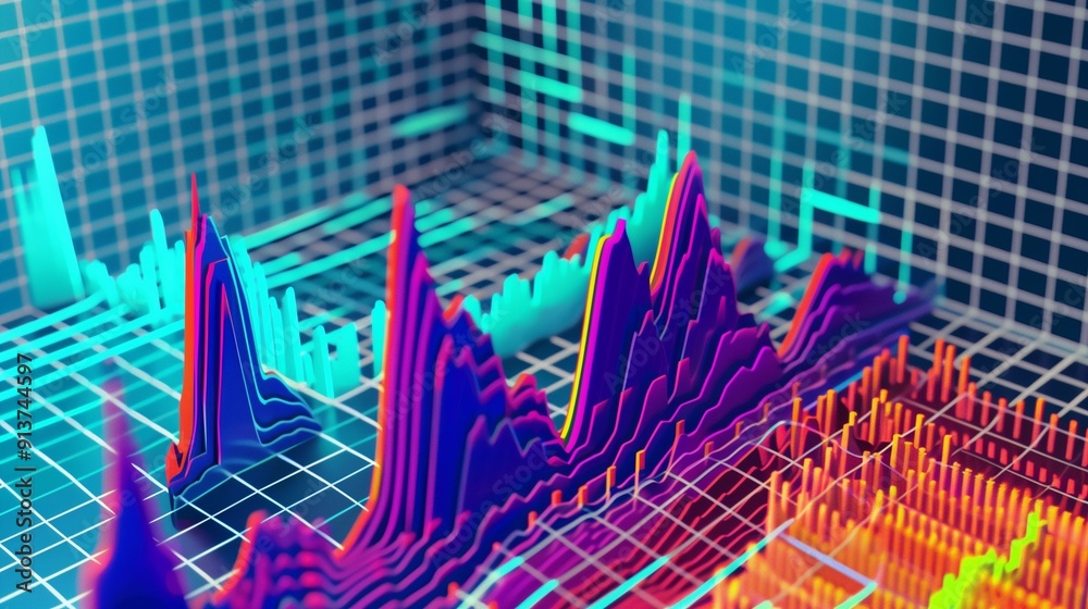Advanced 3D data chart with vibrant, multicolored peaks and valleys ...