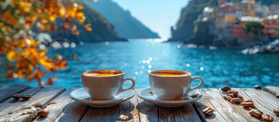 Wall Mural - Two Cups of Coffee on a Wooden Pier by the Sea