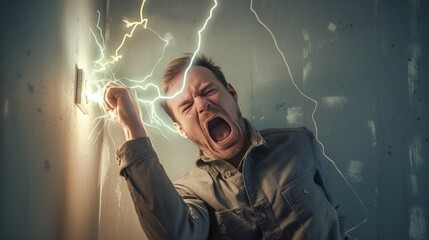 man screaming with electric shock in hand, lightning bolt striking from above, dramatic moment