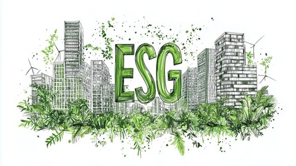 Wall Mural - Illustration of ESG with green cityscape and foliage, symbolizing sustainable urban development.