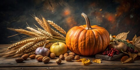 Still life of autumn harvest with a pumpkin, ripe wheat, nuts, and leaves on a rustic table against a dark moody background, autumn