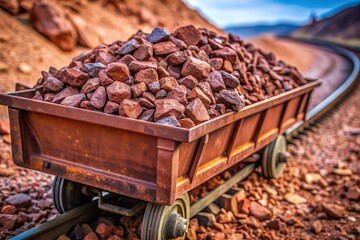 raw iron ore rock pile in mining cart on railroad track