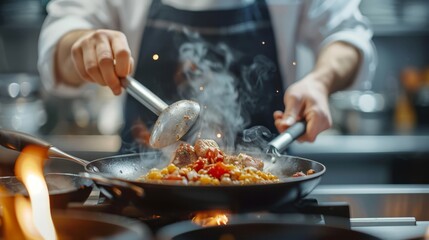  A person preparing food in a frying pan over a smoking stove