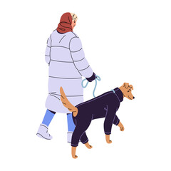 Wall Mural - Owner strolls pet with leash in winter back view. Woman in outerwear walks with dog in warm clothes together. Girl leads doggy outdoor in wintertime. Flat isolated vector illustration on white