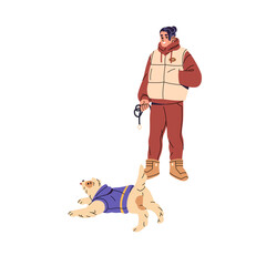 Wall Mural - Owner plays with dog outdoors in winter. Woman in outerwear walks pet in wintertime. Girl and puppy in warm clothes have fun outside together. Flat isolated vector illustration on white background