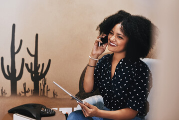 Aufkleber - Tablet, phone call and happy woman in small business for startup project, talking or conversation in office. Smile, laughing or entrepreneur on mobile communication for working or funny discussion