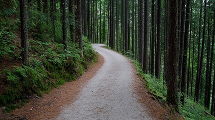 Wall Mural - Path winding through an untamed forest, covered in pine needles and with distant views of untouched nature, creating a natural scene with ample copy space