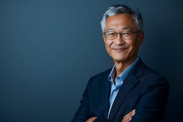 Wall Mural - Confident Asian Man with a Warm Smile in a Suit and Glasses