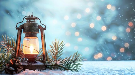 Wall Mural - Vintage lantern on Christmas blue background