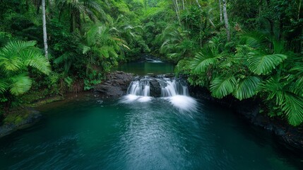 Wall Mural - a peaceful forest scene with a small waterfall surrounded by lush greenery, leaving copy space above