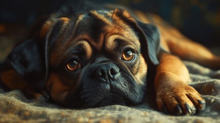 Sticker - A small brown and black dog is laying on a bed