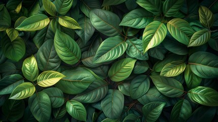 Wall Mural - lush green tropical leaves overlapping in a dense forest environment during daylight hours