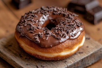 Delicious chocolate donut with icing on a plate, perfect for breakfast or a sweet snack