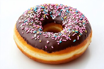 Chocolate Sprinkled Donut: A delicious and tempting chocolate frosted donut with colorful sprinkles, perfect for satisfying sweet cravings.  