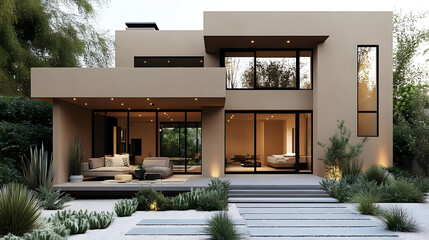 Poster - Modern house with large windows and a patio.