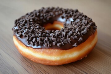 Chocolate Chip Donut Delight: A close-up of a tempting chocolate chip donut, glazed with rich chocolate and sprinkled with decadent chocolate chips, resting on a warm wooden surface. The perfect image