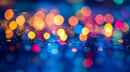 Poster - A dazzling display of multicolored lights reflects off a glass surface, creating a captivating bokeh effect in a nighttime setting