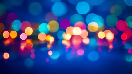 Poster - Bright, multicolored lights create a captivating bokeh effect as they reflect off a smooth glass surface, illuminating the surrounding space with vibrant colors
