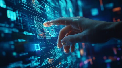 Poster - A hand engages with a digital screen filled with floating holographic data, showcasing modern technology and innovative information in a futuristic setting