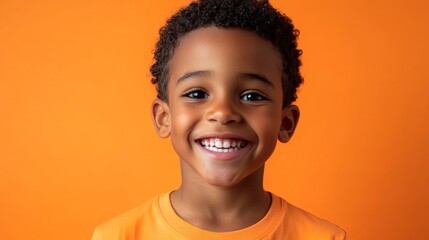 Wall Mural - A young boy joyfully smiles, radiating happiness while wearing a casual shirt, captured against a bright orange backdrop