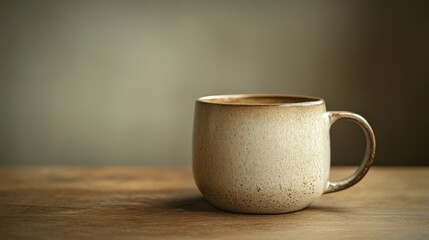 Poster - A closeup view of a minimalist ceramic mug resting on a smooth wooden table, illuminated by soft natural light in the early morning