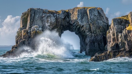 Wall Mural -  A substantial rock formation rises from the heart of the ocean, where a solitary figure in a kayak faces it