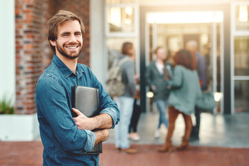 Aufkleber - Portrait, happy man or art student on campus in university for opportunity, future or study in college. Confident, outdoor or proud person with smile or portfolio for school, education or scholarship
